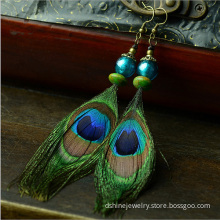 Customized Retro Peacock Feather Earring With TurquoiseBead